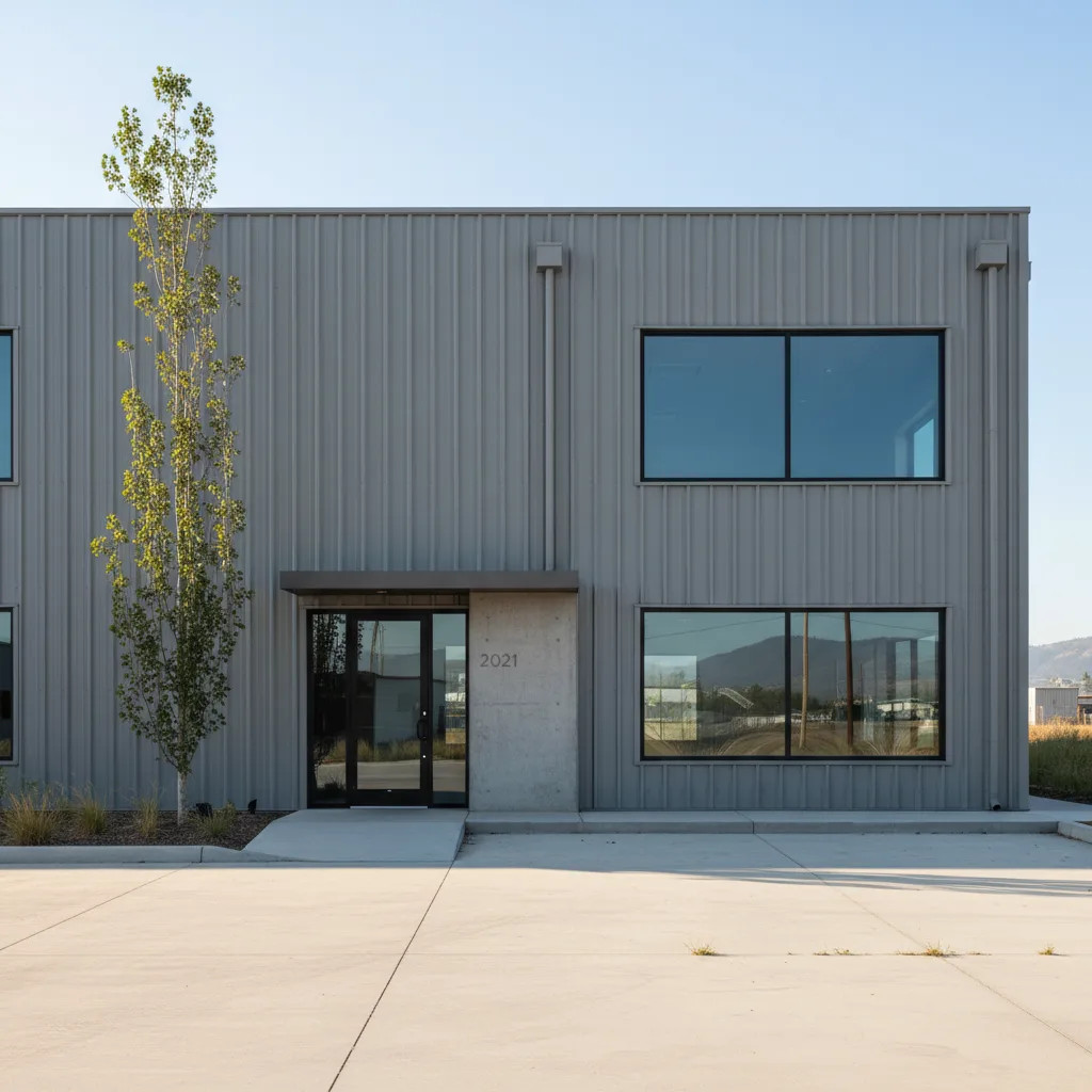 Minimalist warehouse facade in sunlight, 2021