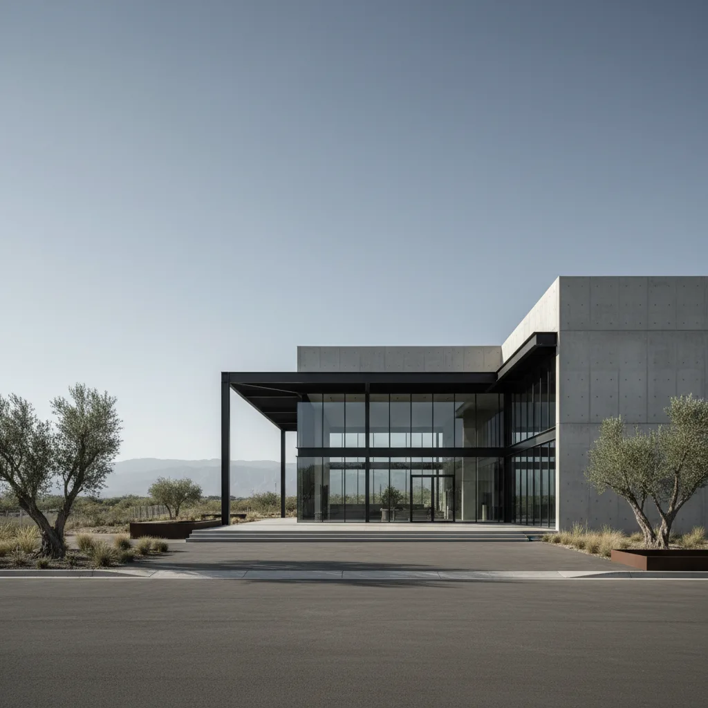 Minimalist ultra-wide modern industrial building with glass and steel facade